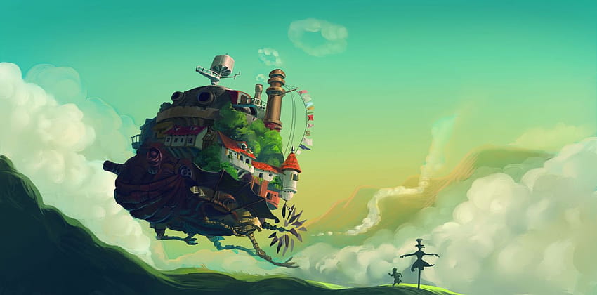 Howl's Moving Castle Аниме карикатура фентъзи кораби превозни средства пейзажи полети сгради къщи градове изкуство. . 55827. НАГОРЕ HD тапет