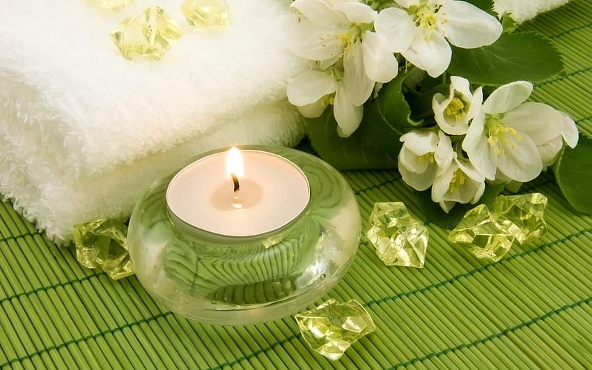 Candle and flowers, flowers, spa, candle, green HD wallpaper