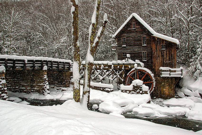 Glade Creek Gristmill, Babcock, WV, dere, kar, ABD, değirmen HD duvar kağıdı