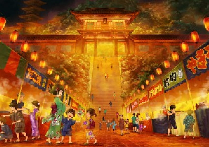 Summer Festival, night, kimono, yukata, festival, shrine, staircase, scfenery, stall, kid, happy, japanese, children, scene, japan, girl, people, anime girl, anime, light, stair, lantern, child HD wallpaper