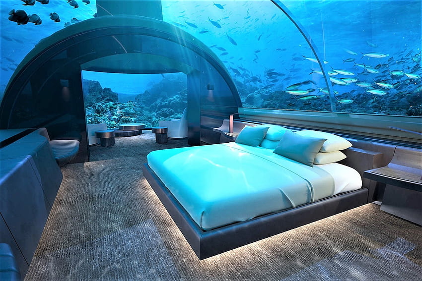 海底ホテルレジデンスムラカ、ドーム、モルディブ、ベッド、海 高画質の壁紙