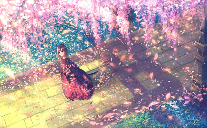 Sakura Rain, bounin, japanese, art, japan, spring, pink, orginal, sakura, cherry, blossom HD тапет