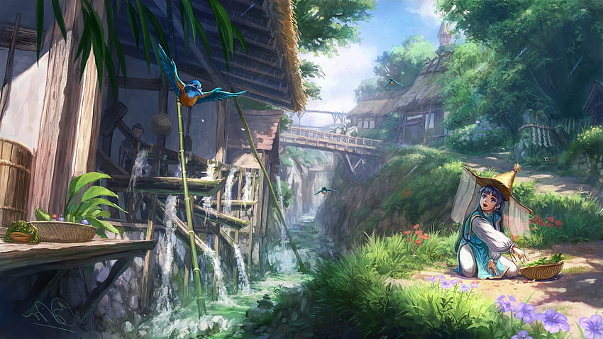 Scenic, Bridge, Calm, People, Anime Village, Houses, Water - Resolution: HD wallpaper
