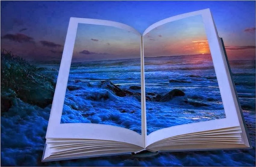 The Book of Life, sea, book, nature, collage, sunset, beach HD wallpaper