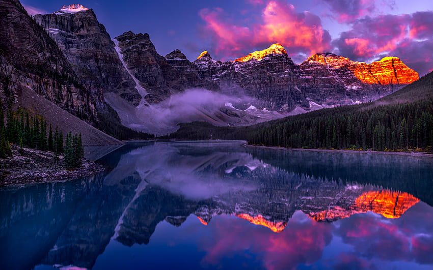 Danau Moraine, danau pegunungan, Taman Nasional Banff, matahari terbenam, lanskap pegunungan, Lembah Sepuluh Puncak, pegunungan, Pegunungan Rocky Kanada, Alberta, Kanada Wallpaper HD