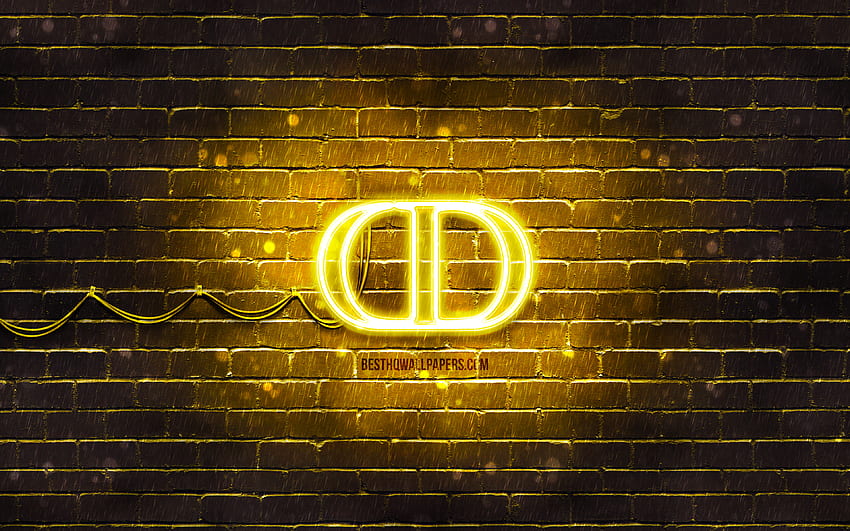 Christian Dior sarı logosu, sarı brickwall, Christian Dior logosu, moda markaları, Christian Dior neon logosu, Christian Dior HD duvar kağıdı