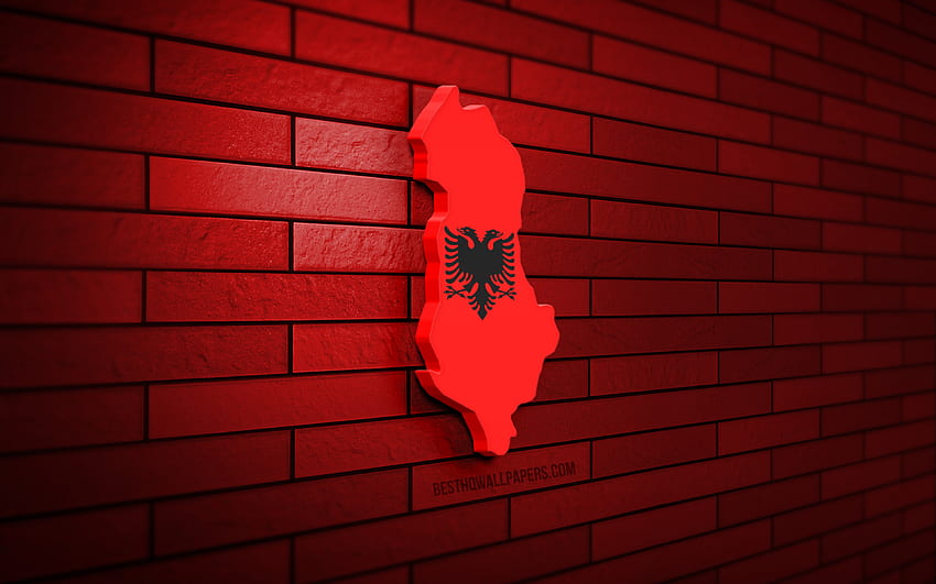 Карта на Албания, червена тухлена стена, европейски държави, силует на карта на Албания, флаг на Албания, Европа, карта на Албания, флаг на Албания, Албания, знаме на Албания, 3D карта на Албания HD тапет