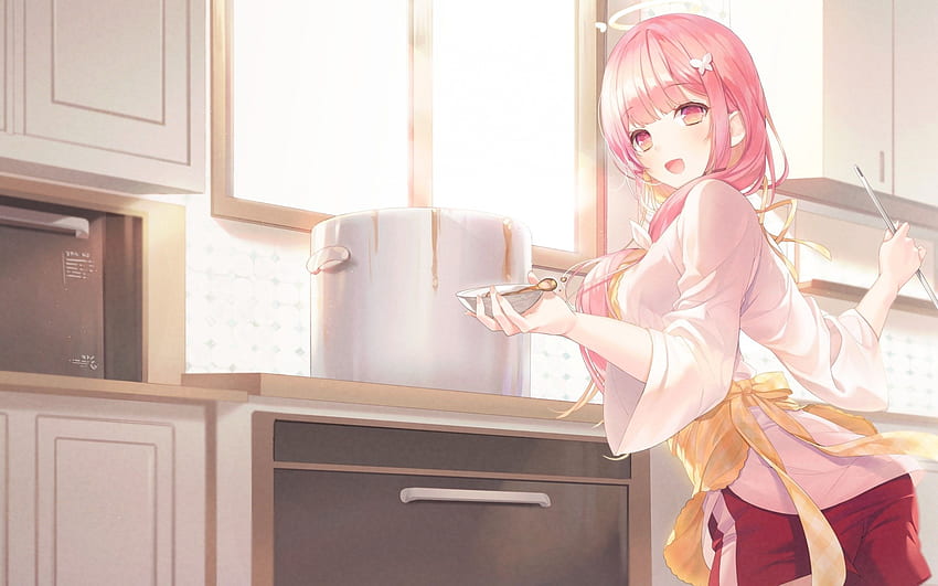 Anime Girl, Cooking, Kitchen, Pink Hair, Smiling para MacBook Pro de 13 pulgadas fondo de pantalla