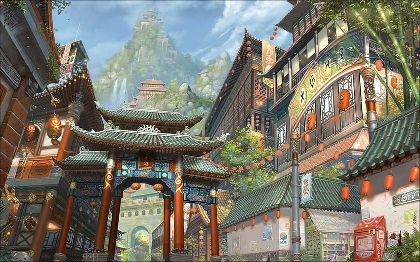 paisagens paisagens urbanas japonês ao ar livre fantasia arte chinesa asiáticos, arte coreana papel de parede HD