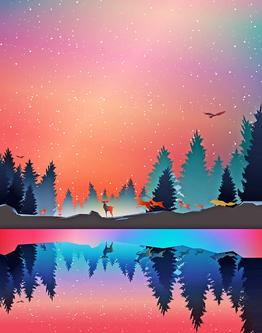 Vector, Art, Animals, Winter, Reflection, Forest HD phone wallpaper