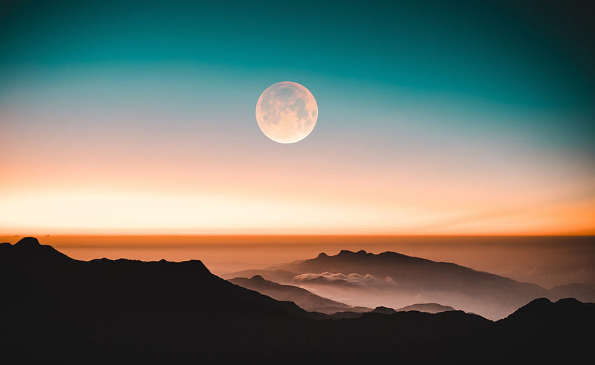 アダムス ピーク、山、月、地平線、風景、日没、夕方 高画質の壁紙