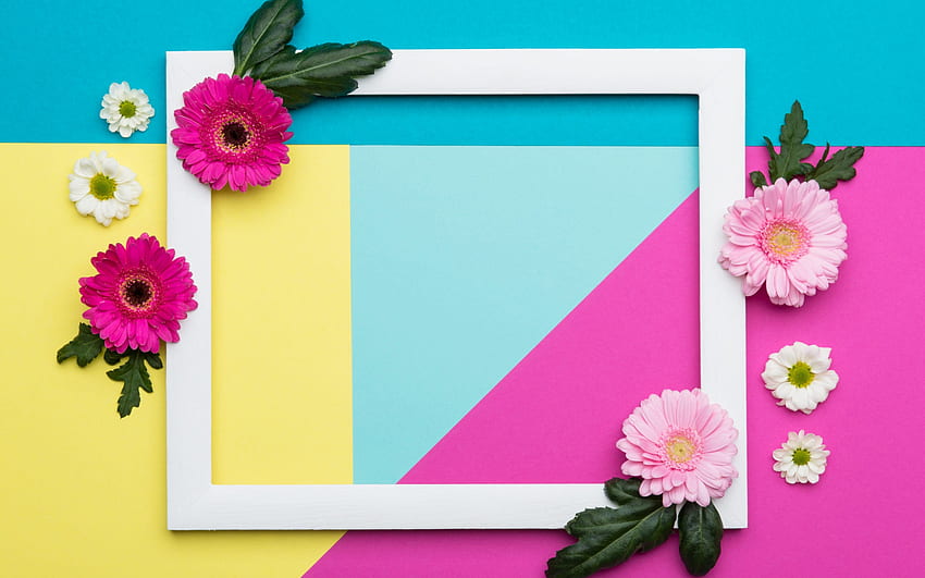 cadre avec fleurs, cadre de printemps, cadre floral, cadre avec jonquilles violettes Fond d'écran HD