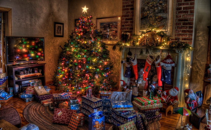 Święta, Zabawki, Boże Narodzenie, Wakacje, Dom, Choinka, Przytulność, Komfort, Kominek, Prezenty, Prezenty, Pończochy Tapeta HD