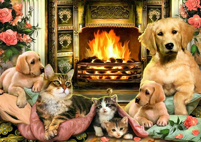 Por Howard Robinson, perro, gatito, animal, arte, howard robinson, chimenea, gato, cachorro, pintura, flor, hogar fondo de pantalla
