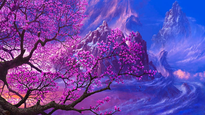 Cherry Blossom Fantasi, biru, kecantikan, ungu, ceri, merah muda, bunga, cabang, , alam Wallpaper HD
