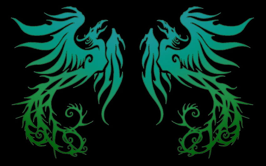Facing Phoenix, blue, rising, phoenix, bird, firebird, fantasy, green, tribal, facing HD wallpaper
