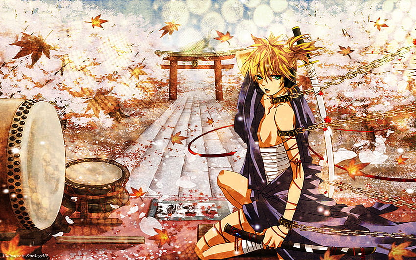 Kagamine Len, слънчев лъч, меч, len, есен, японски град, miku hatsune, kagamine, vocaloids, коса жълта, светлина, листо, мъж HD тапет