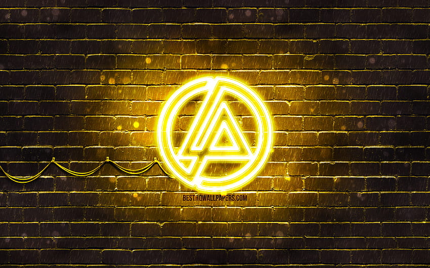 Logotipo amarillo de Linkin Park, estrellas de la música, pared de ladrillo amarillo, logotipo de Linkin Park, marcas, logotipo de neón de Linkin Park, Linkin Park fondo de pantalla