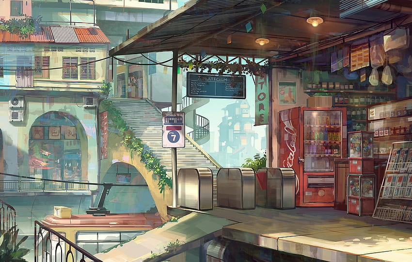 street, home, Japan, ladder, tram, platform, shop, stop, products, deserted city for , section прочее, Shop Anime HD wallpaper