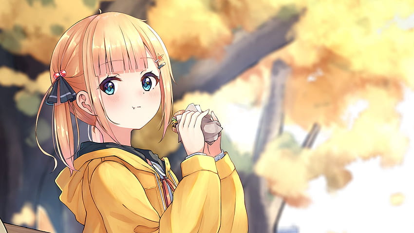 Blue Eyes Anime Girl Eating Sandwich Wearing Yellow Dress Anime Girl HD wallpaper