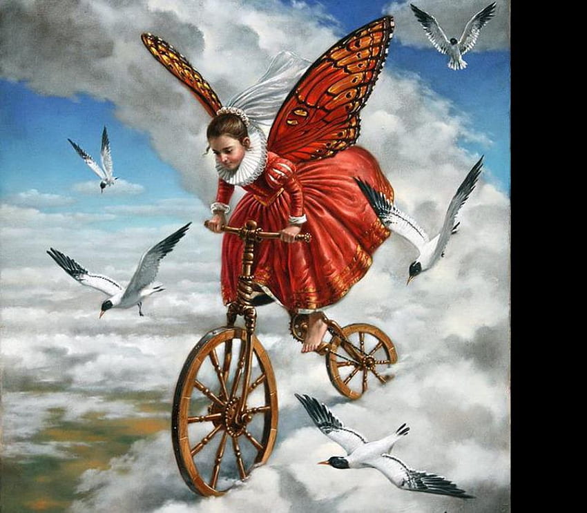 Michael Cheval art, blue, wings, bird, art, surrealist, fairy, harlequin, bicycle, painting, butterfly, michael cheval, red, sky, cloud HD wallpaper