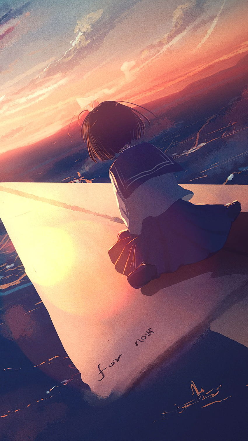 Chica Anime Volando Avión De Papel fondo de pantalla del teléfono