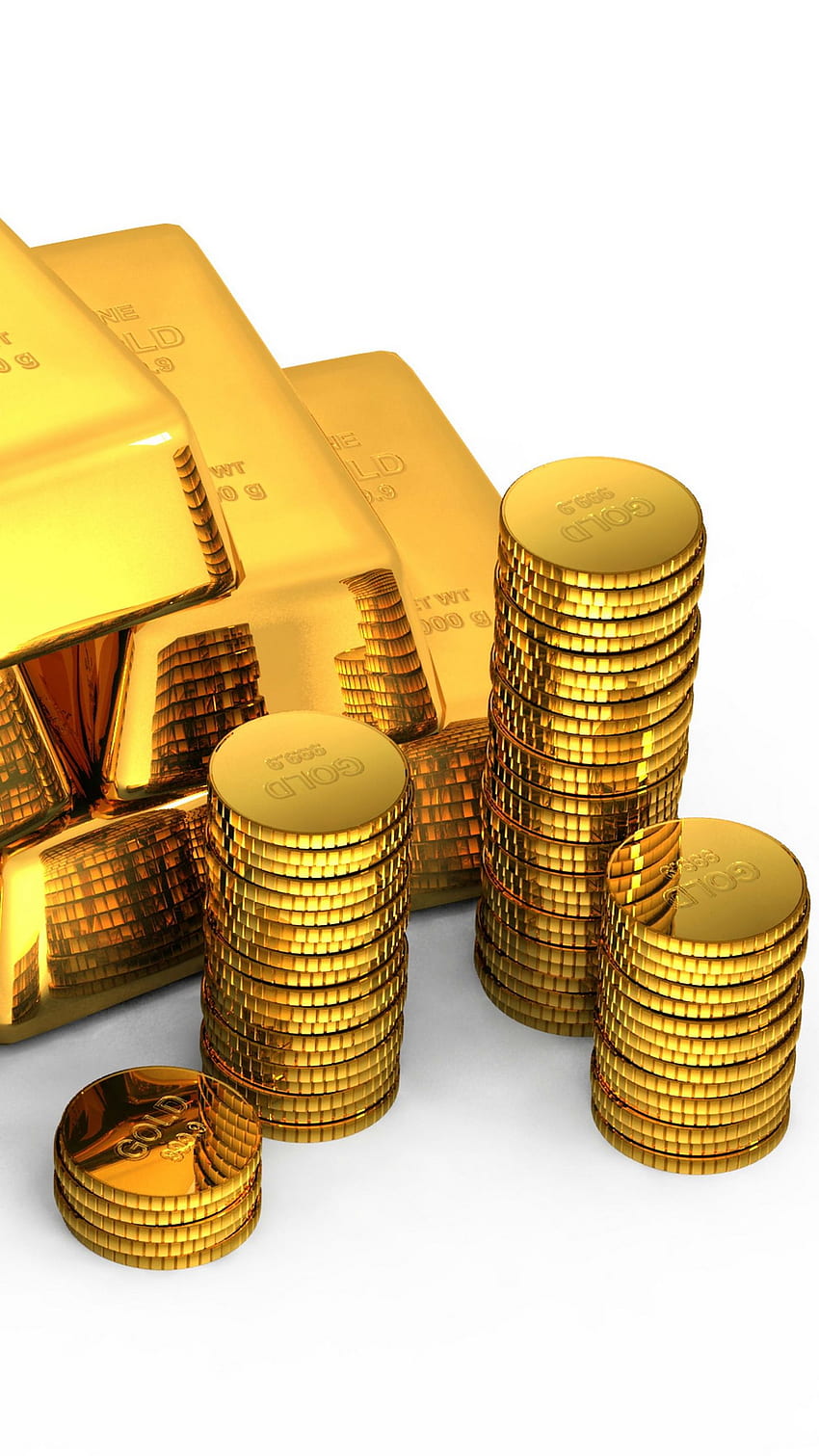 Gold, Goldbarren, Münzen, weißer Hintergrund, Geld - Gold und Geld iPhone HD-Handy-Hintergrundbild