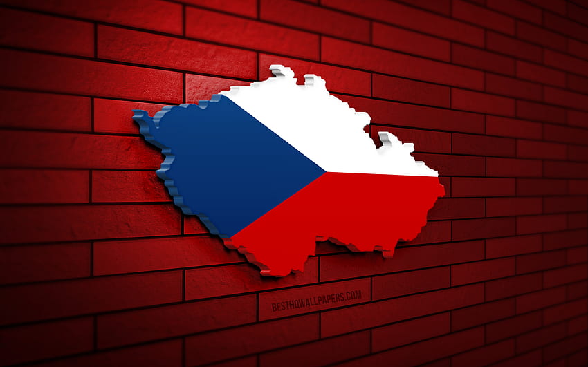 チェコ共和国の地図、赤いブリックウォール、ヨーロッパ諸国、チェコ共和国の地図のシルエット、チェコ共和国の旗、ヨーロッパ、チェコ共和国の地図、チェコ共和国の旗、チェコ共和国、チェコ共和国の旗、チェコ共和国の 3D 地図 高画質の壁紙