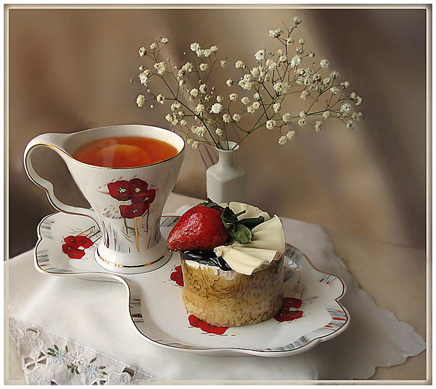 süße Versuchung, Erdbeere, Tee, Grafik, lecker, schön, Essen, Kuchen, Getränk HD-Hintergrundbild