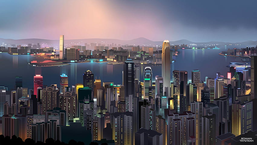 hong kong, edificios, ciudad, arte digital fondo de pantalla