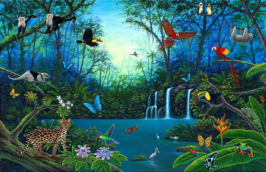 Jungle, art, bird, night, animal, moon, water HD wallpaper
