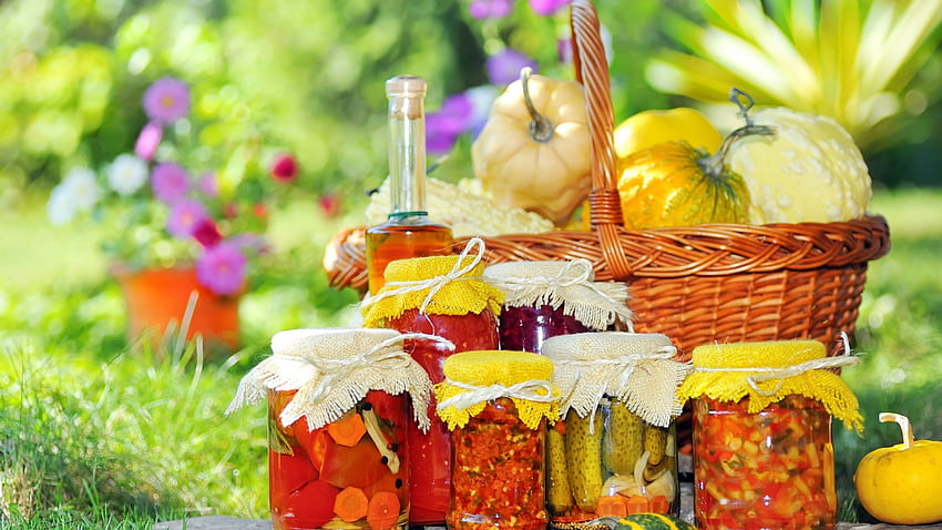 basket, jar, bottle, oil, grass, flowers, pot HD wallpaper