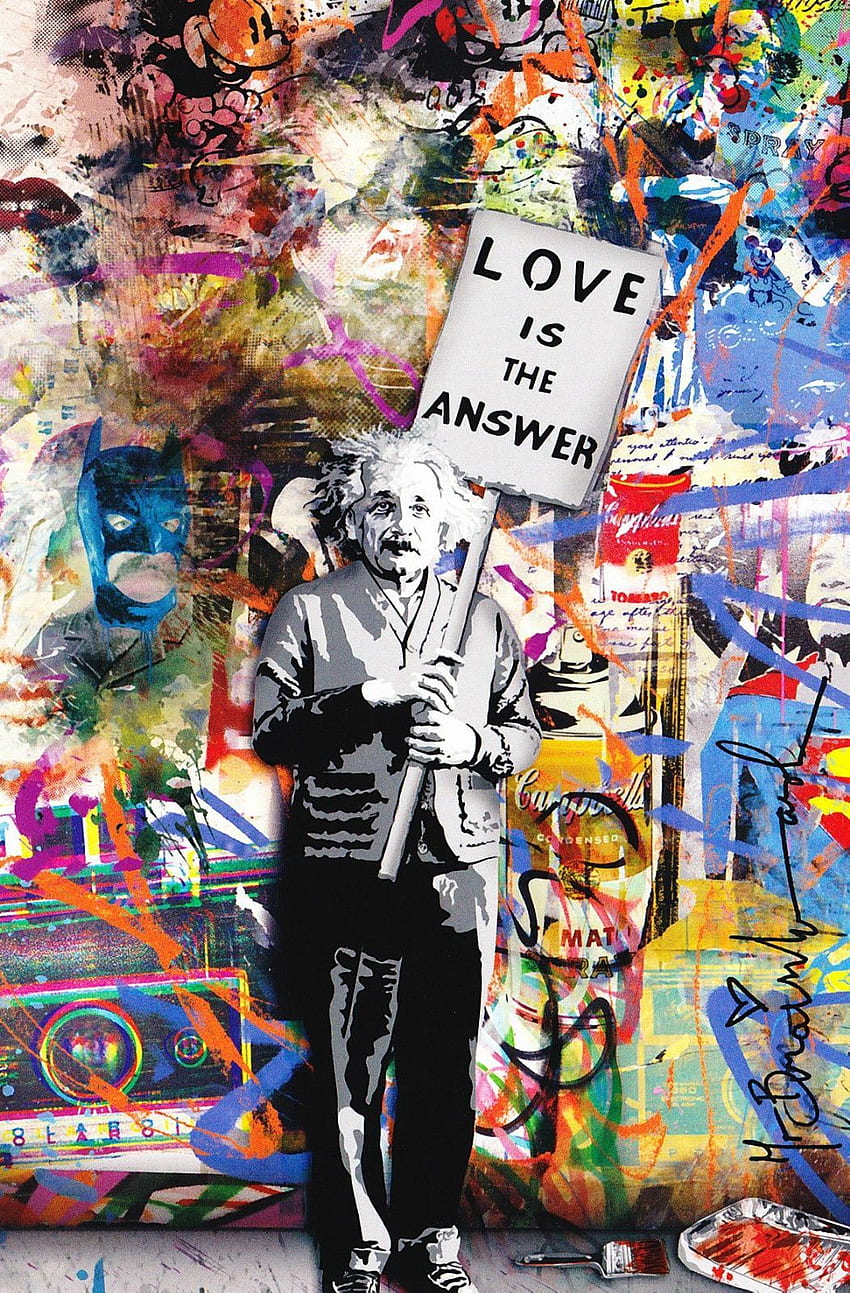 アルバート・アインシュタイン (愛が答えです)。 ミスター洗脳アート, アメージングストリートアート, ストリートアーティスト, アインシュタイングラフィティ HD電話の壁紙