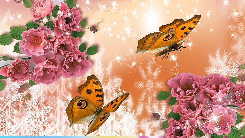 Kwiatowa ekstrawagancja, lato, różowy, połysk, blask, kwiaty, gwiazdy, wiosna, pomarańczowe motyle Tapeta HD