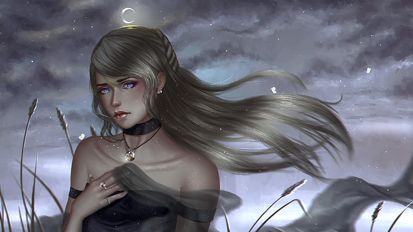 Dandelion, night, wind, moon, fantasy, luna, girl, luminos, aoleev HD wallpaper