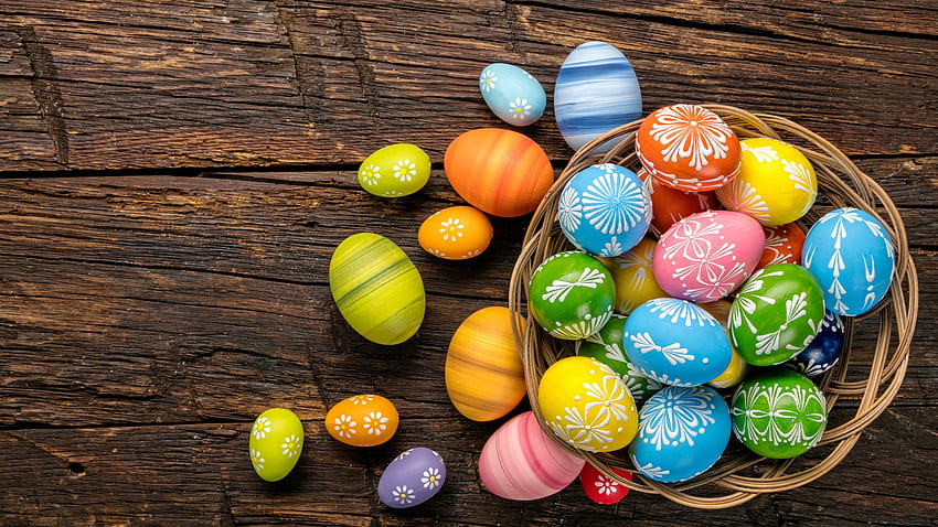 Beautiful Design Painting Easter Eggs Bamboo Basket Wood Table Happy Easter HD wallpaper