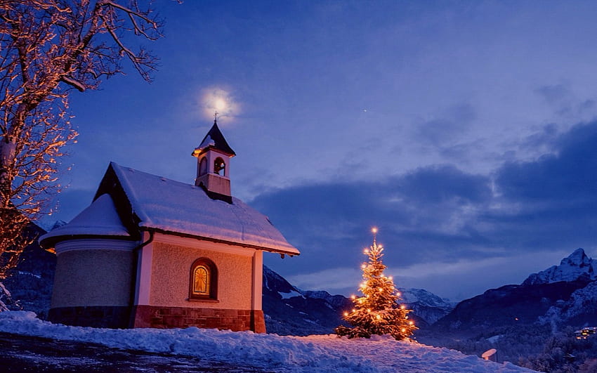 Kapel di bawah Bulan, Alpen, malam, Natal, kapel, Bulan, pohon cemara, Jerman Wallpaper HD