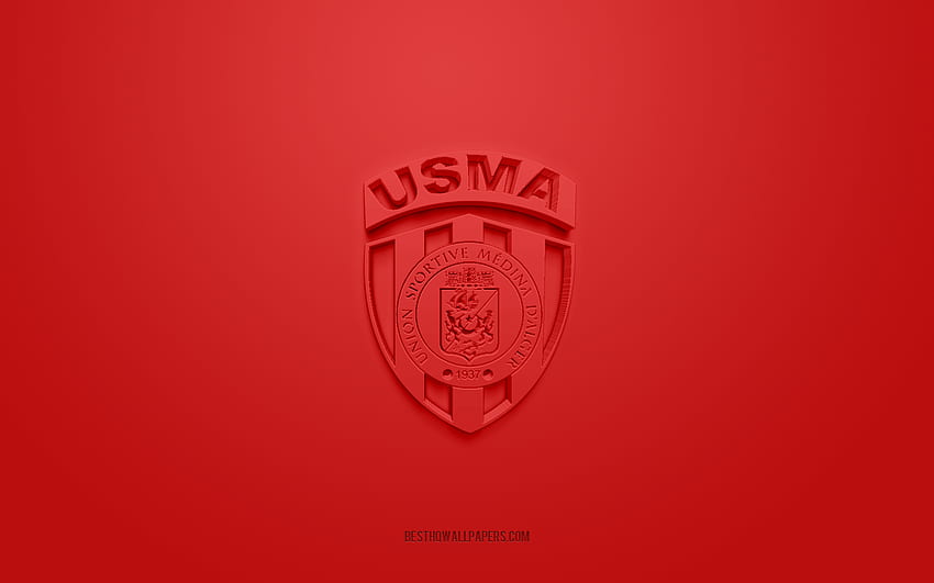 USM Alger, kreatywne logo 3D, czerwone tło, algierski klub piłkarski, Ligue Professionnelle 1, Algier, Algieria, sztuka 3d, piłka nożna, logo USM Alger 3d Tapeta HD