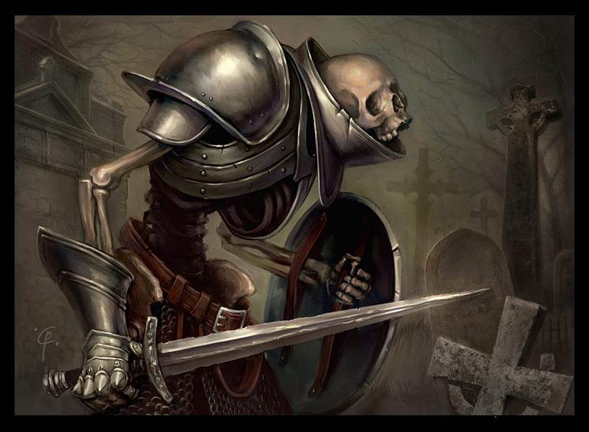 Undead Knight, escudo, macabro, espada, armadura, cruz, crânio, escuro, obra de arte, fantasia, resumo, cemitério papel de parede HD