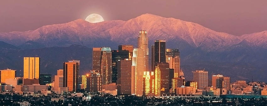 로스 앤젤레스, 고층 빌딩, 일출, 산, 수평선 듀얼 모니터 해상도 Backgroun. 로스앤젤레스 스카이라인, 로스앤젤레스, 일출, 캘리포니아 듀얼 모니터 HD 월페이퍼