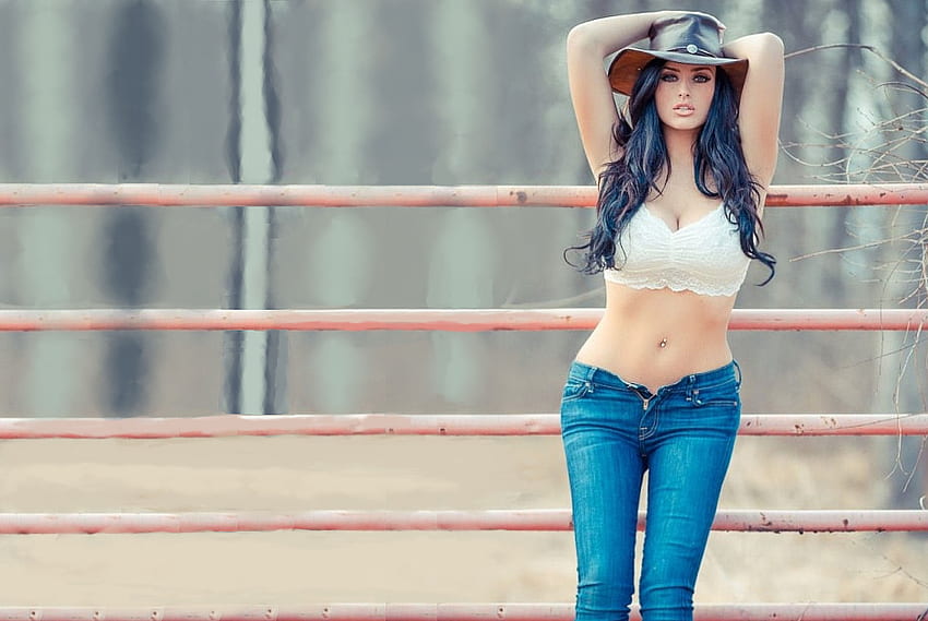 Hazy Day On The Ranch.., style, cowgirl, fun, Abigail Ratchford, brunettes, fashion, outdoors, ranch, fence, girls, women, models, western, hats, female HD wallpaper