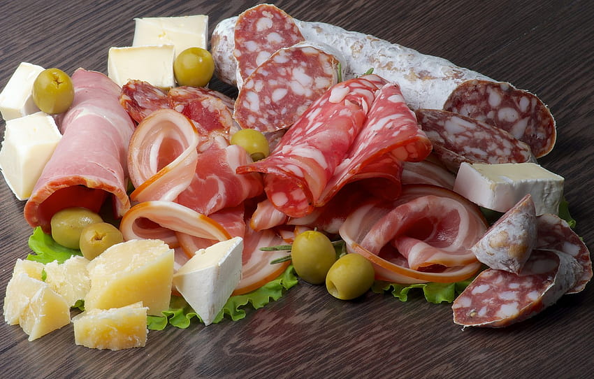 greens, cheese, olives, sausage, bacon, cuts for , section еда, Cold Cuts HD wallpaper