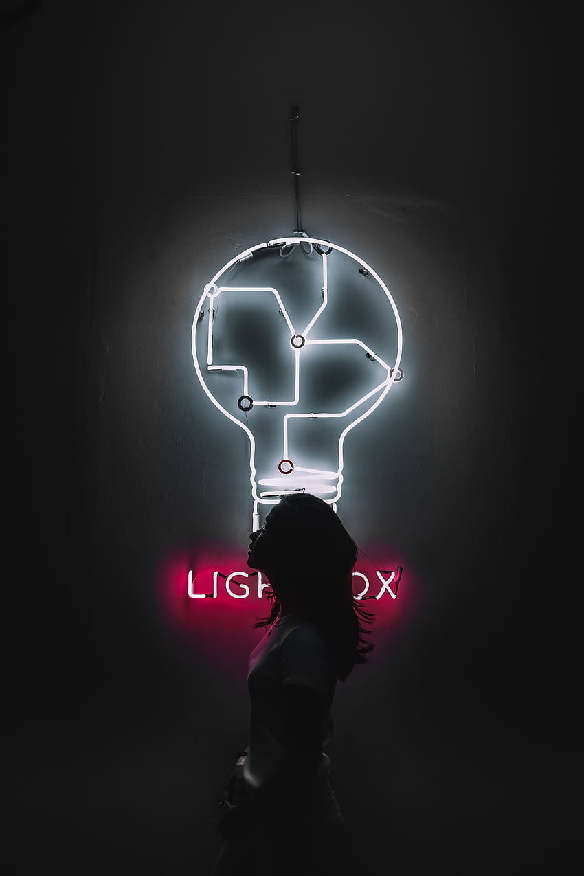 Dark, Silhouette, Neon, Backlight, Illumination, Girl, Light Bulb HD phone wallpaper