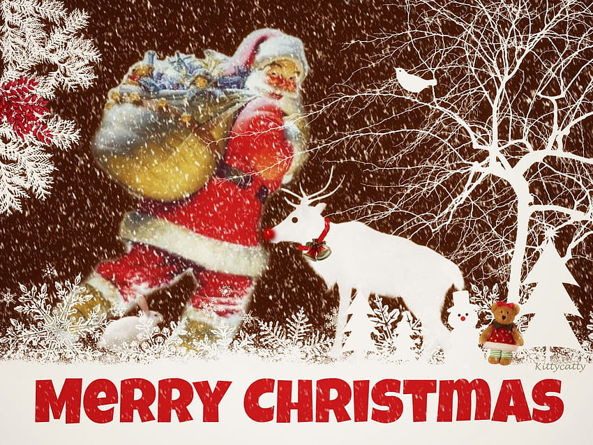 .*.*.*.Merry Christmas.*.*.*. , pine tree, merry christmas, bird, tree, xmas, bunny, snowman, teddy bear, snowflakes, reindeer, rudolph the red nosed reindeer, snow, jinglebells, santa HD wallpaper