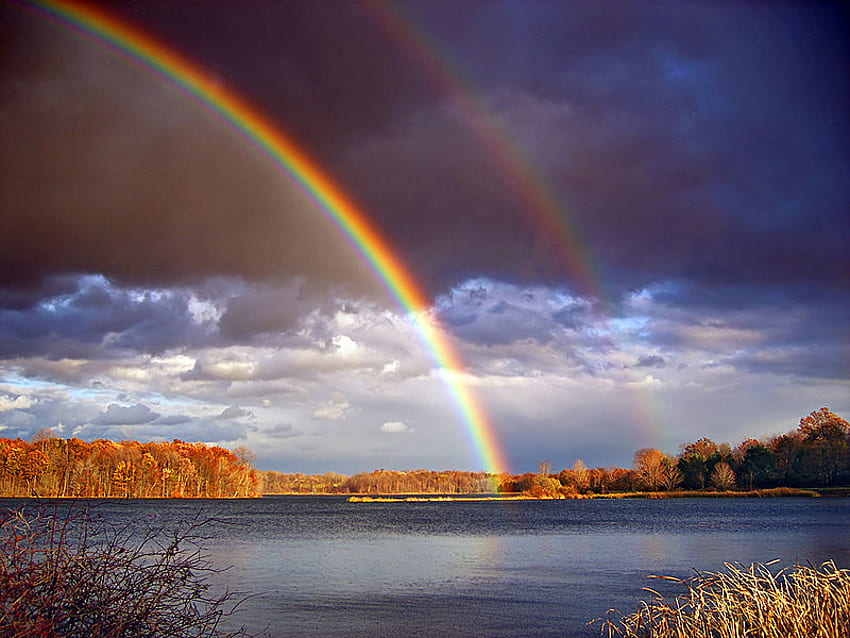 SOMEWHERE OVER THE RAINBOW , hills, rainbow, gorgeous, sky, beautiful, lake HD wallpaper