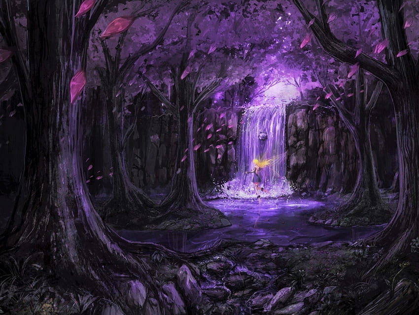 Purple Forest, Scenic, Fairy, Anime Girl, Waterfall, Stream for Ainol Novo 9 Spark, Dark Jungle Anime HD тапет