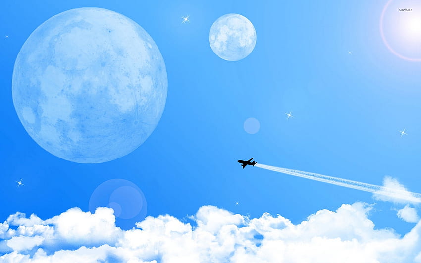 달을 향해 날아가는 비행기 - 디지털 아트 HD 월페이퍼
