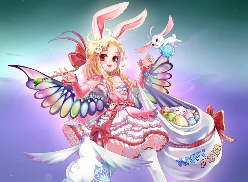 Happy Easter, egg, cute, dress, beauty, nice, wing, , adorable, female, rabbit, wings, sweet, girl, beautiful, bunny, kawaii, anime girl, anime, pretty, ears, easter, lovely HD wallpaper