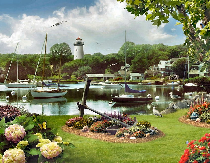 lighthouse harbor, boats, trees, sails, sky, flowers, water, harbor HD wallpaper