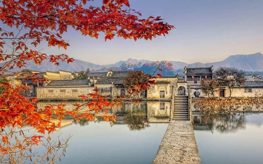 lovely old chinese town reflections r, reflection, town, bridge, r, mountains, lake HD wallpaper
